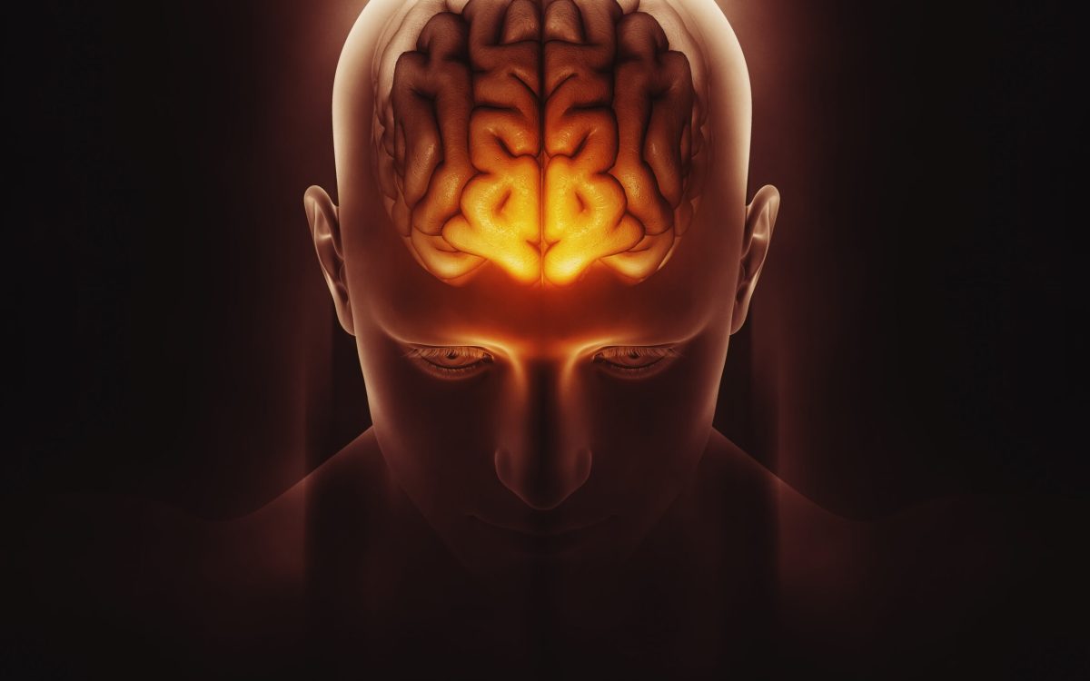 3D render of a medical image of a male figure with brain highlighted and dramatic highlighted